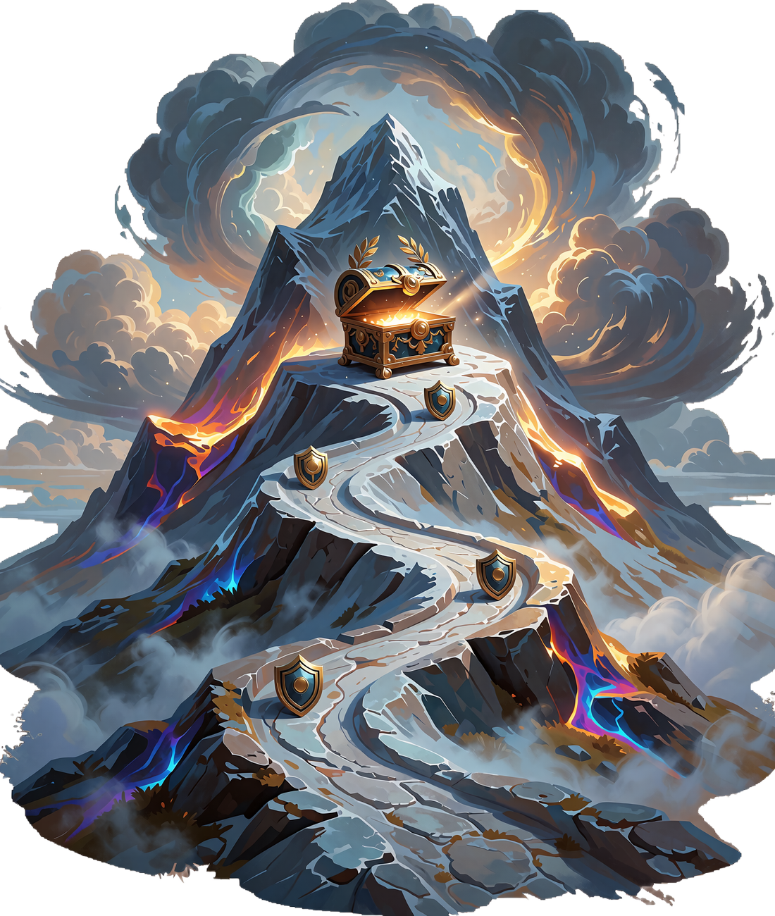 G&oacute;ra ze złotą ścieżką i skrzynią skarb&oacute;w na szczycie - symbol pakietu powitalnego Hero's Path