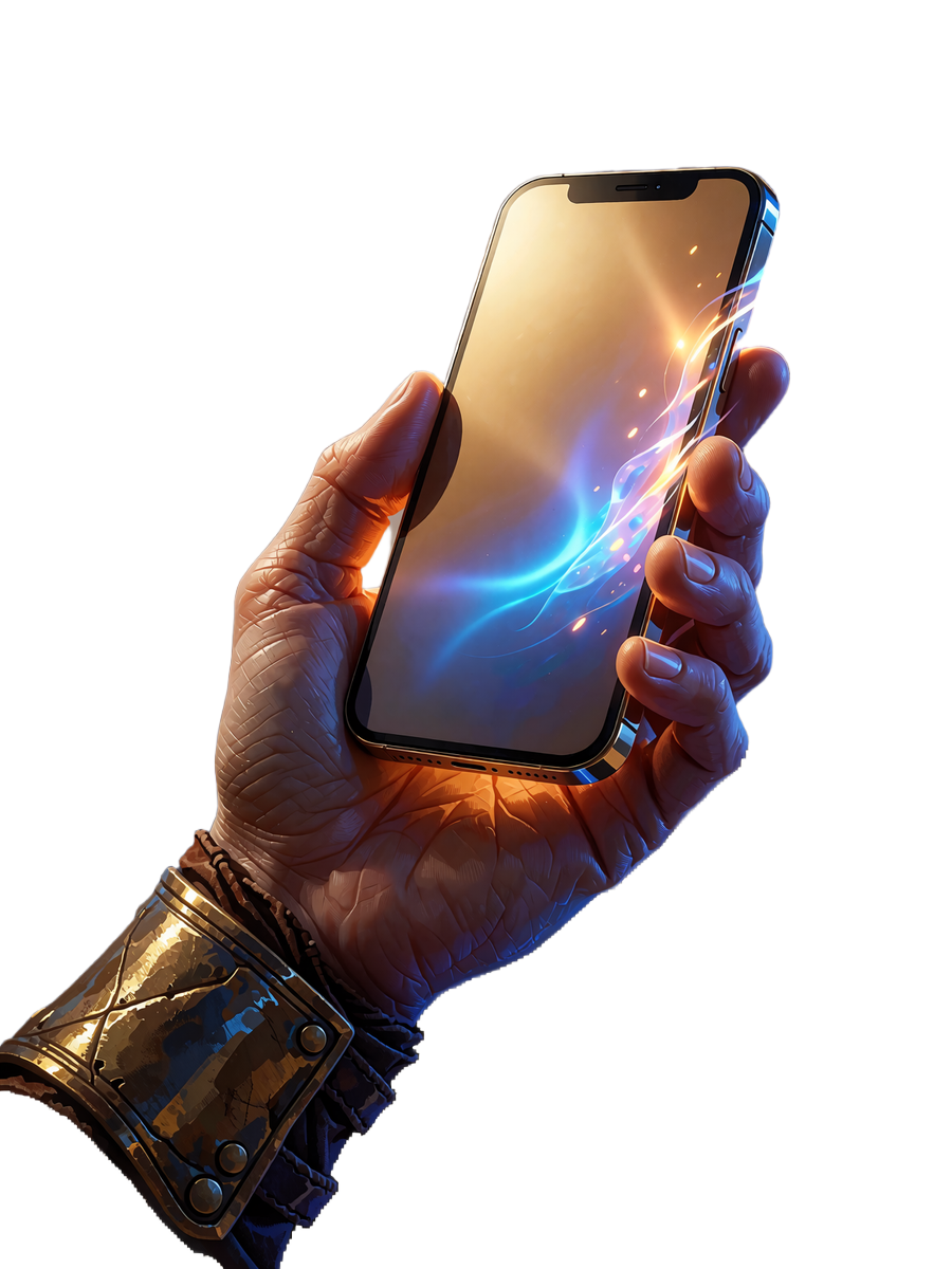 Dłoń w bransoletce trzymająca smartfon z podświetlonym złoto-niebieskim ekranem - gra w kasyno na telefon