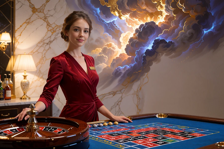 Krupierka w czerwonej sukni przy stole do ruletki - podgląd kasyna na żywo w Hercules Casino
