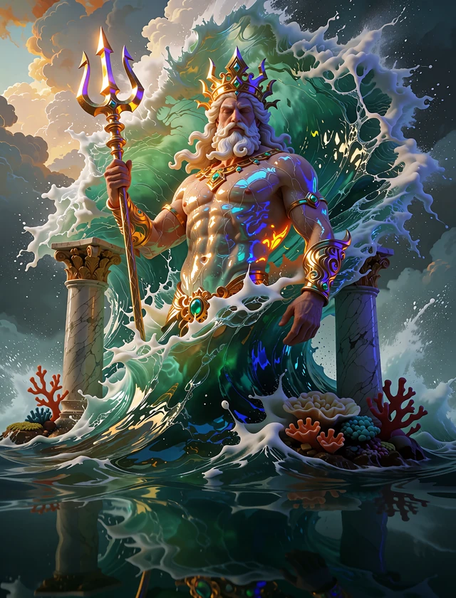 B&oacute;g m&oacute;rz z rozżarzonym tr&oacute;jzębem na fali - grafika slotu Ocean Trident