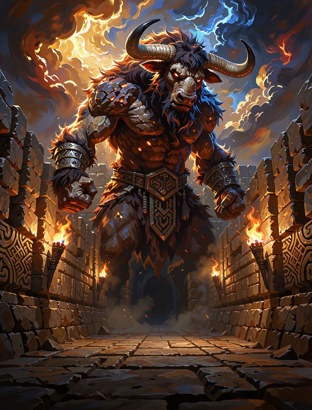 Rogaty Minotaur w kamiennym labiryncie oświetlonym pochodniami - grafika slotu mitologicznego Labirynt Minotaura