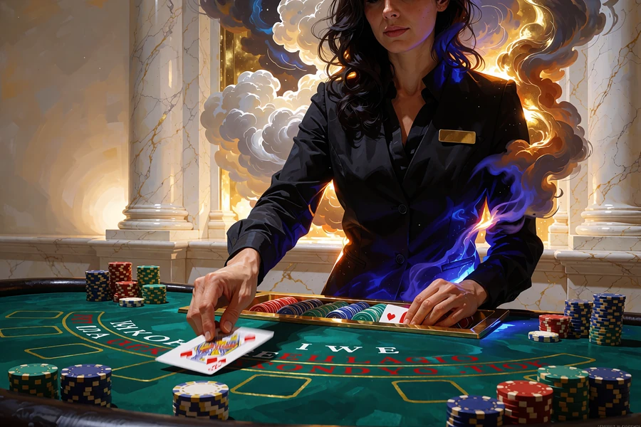 Krupierka rozdająca karty przy zielonym stole do blackjacka w studiu live casino